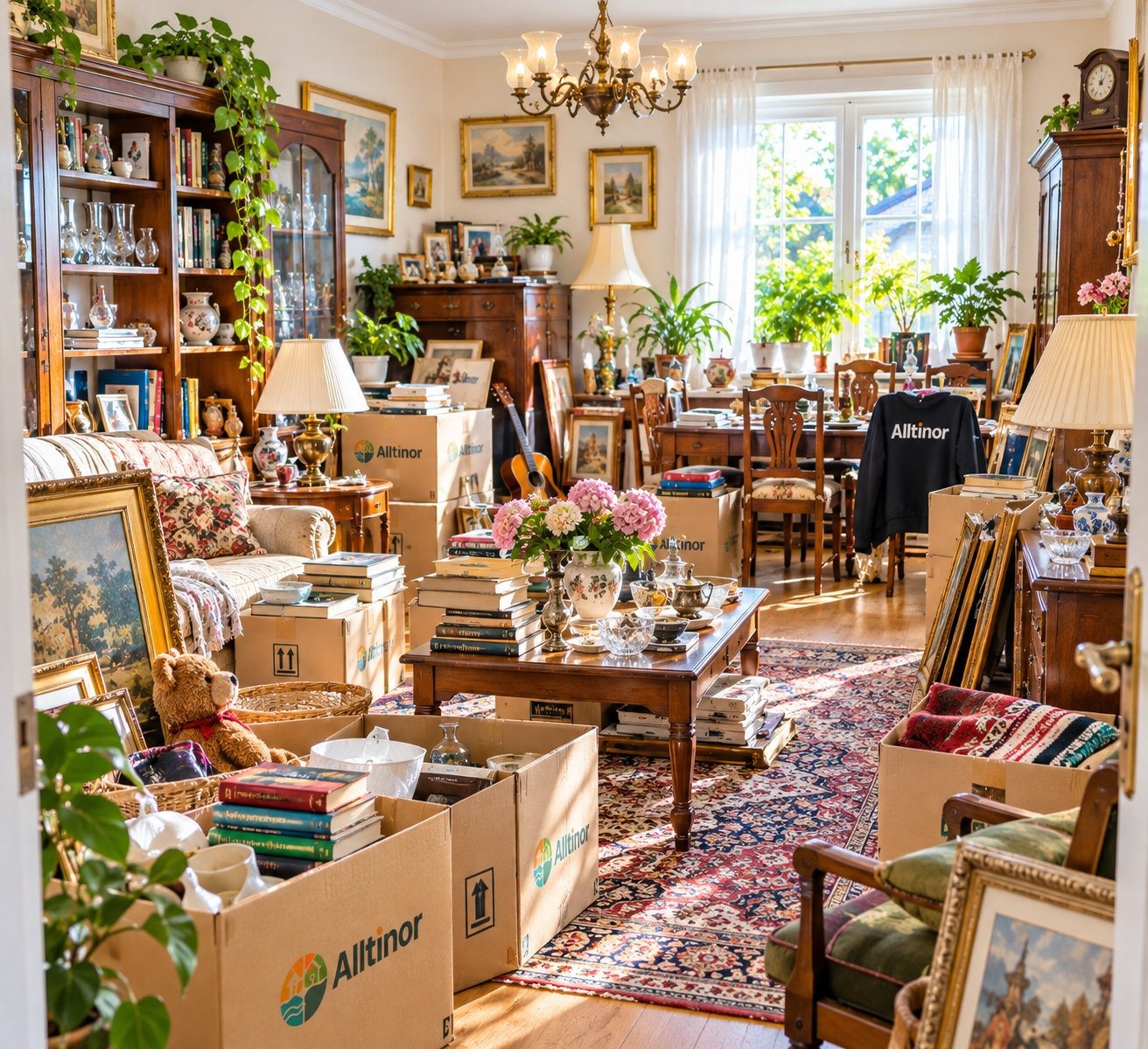 Stue med vintage møbler og Alltinor-esker før boligtømming