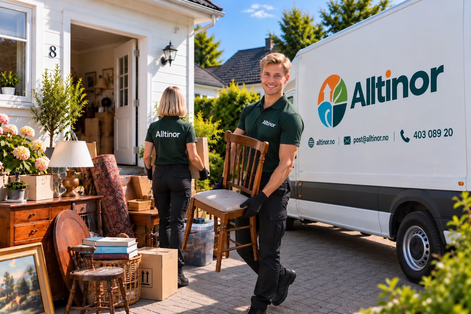 Alltinor-medarbeider bærer en stol ved servicebilen