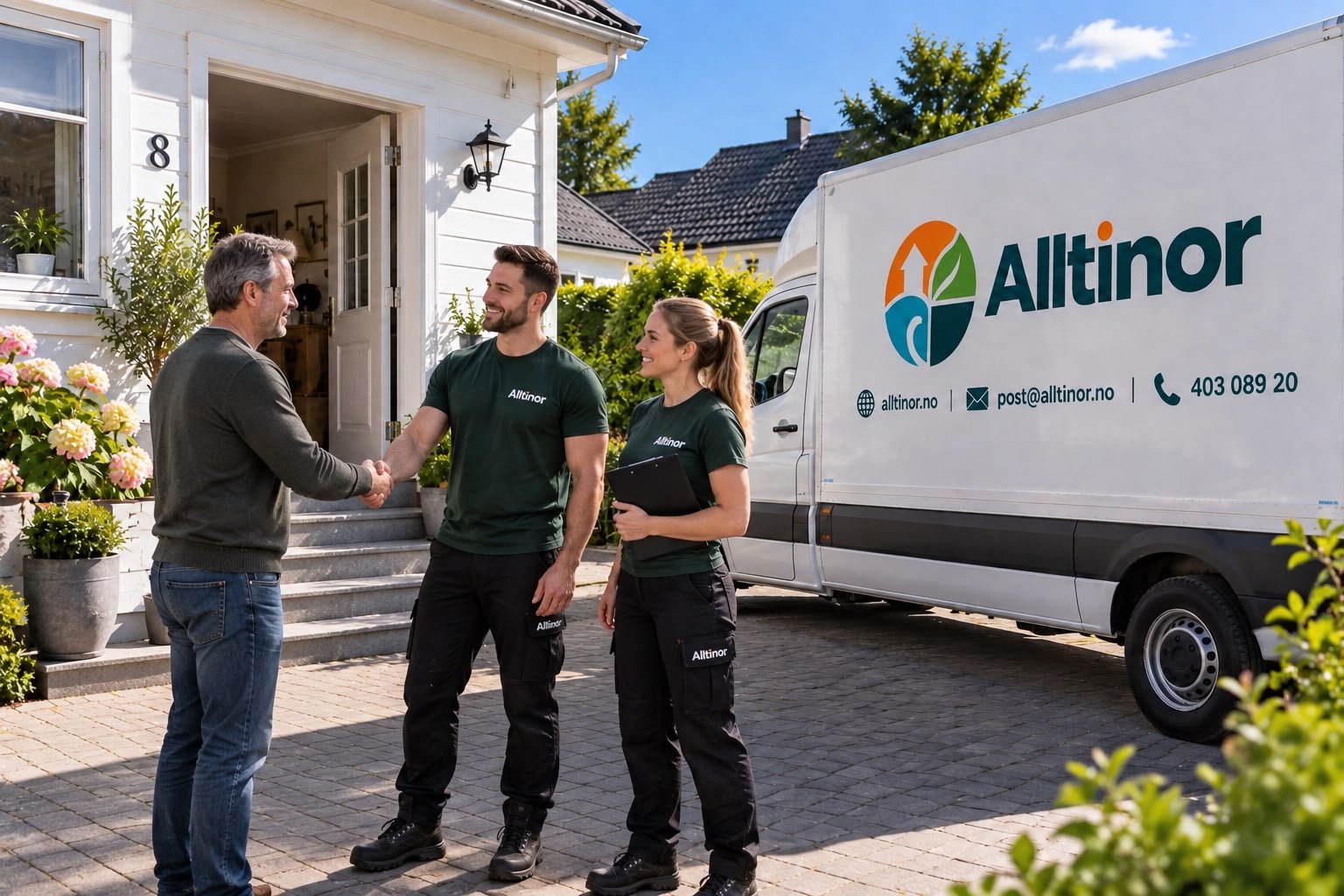 Alltinor-team møter kunden utenfor boligen, med servicebilen i bakgrunnen
