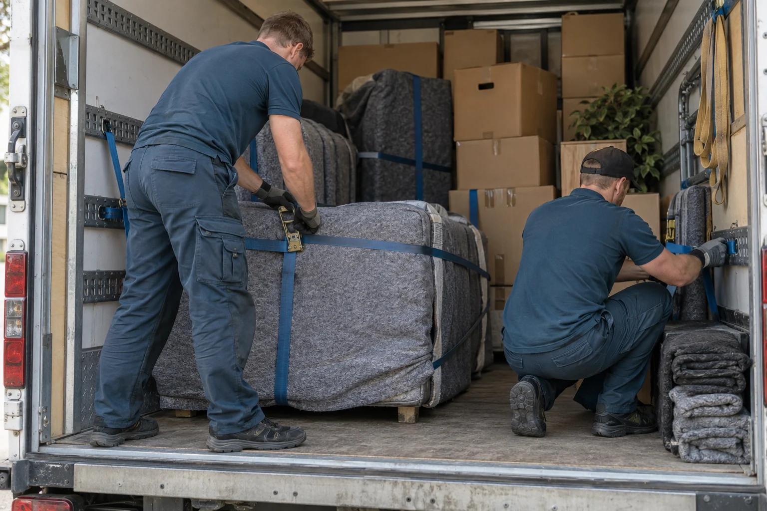 To flyttemedarbeidere sikrer teppebeskyttede møbler med stropper i en lastebil