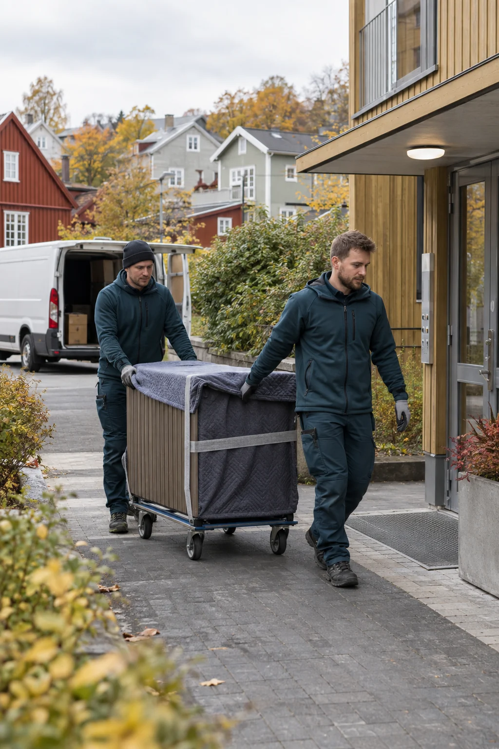 Flyttemedarbeidere triller et beskyttet skap mot inngangen til en bolig