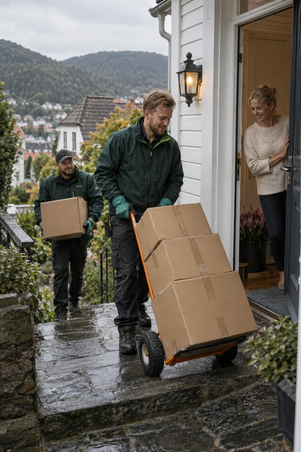 Flyttemedarbeidere leverer esker ved inngangen til en trebolig med en grønn åsside i bakgrunnen