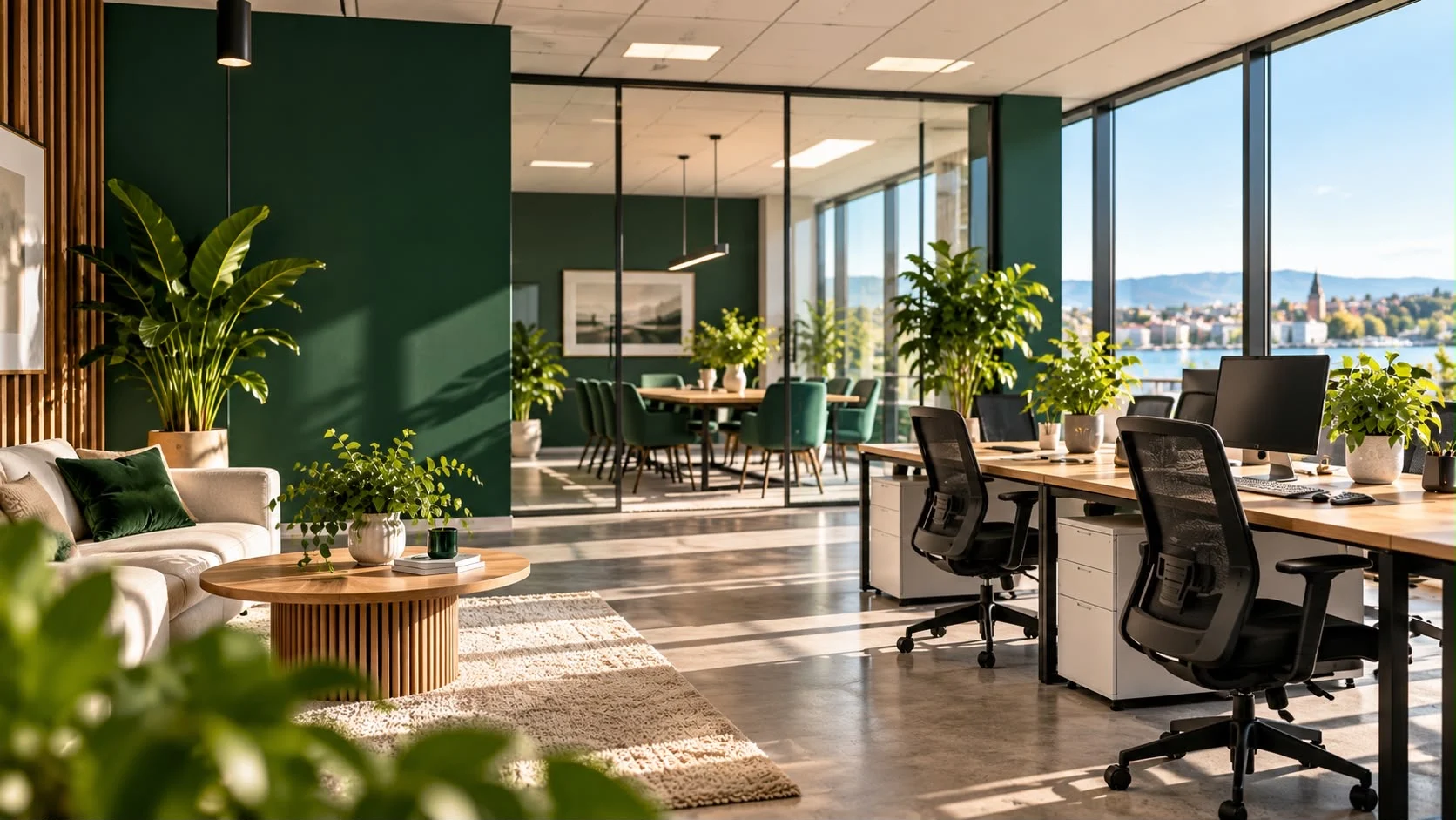 Moderne kontor med mørkegrønne vegger og lyse arbeidsområder